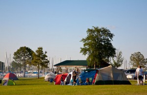 tent camping next to marina