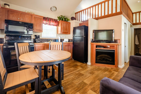 Kitchen and living room in cabin